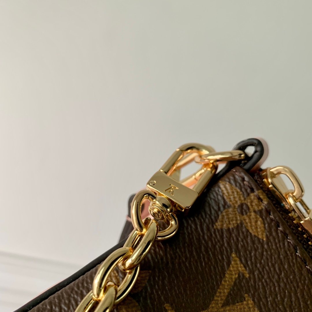 LV 高仿 Monogram 拉鍊小肩背包 粉色拼皮金鍊設計 法式優雅風格M11303