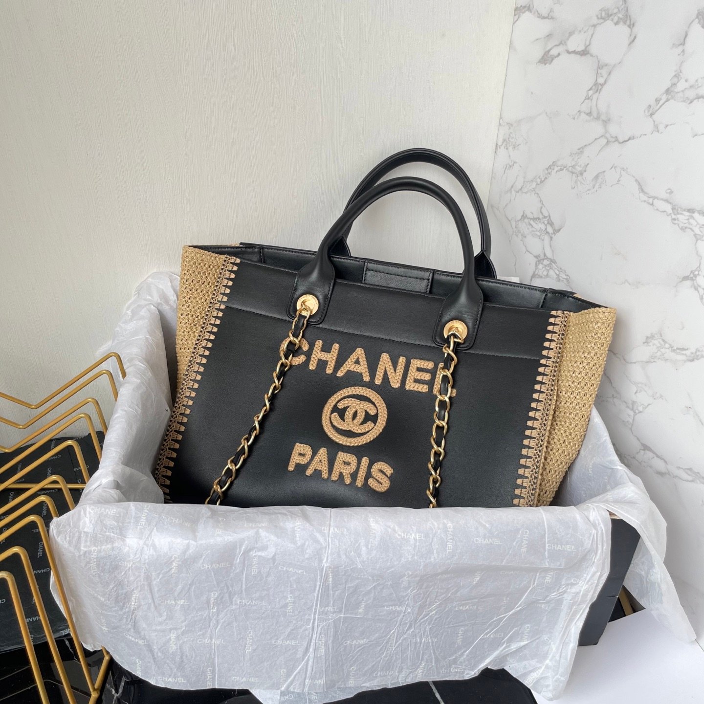Chanel 一比一 編織拼接大型托特包 黑色立體刺繡 草編元素 大容量 法式度假風格AS3257