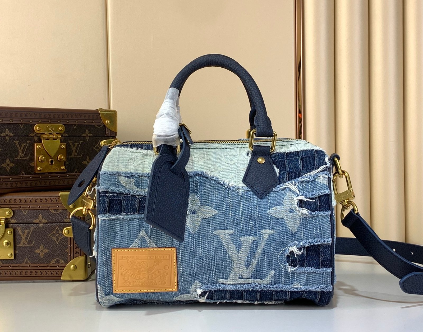 LV 高仿 Denim 拼接 Speedy 手提斜背包 破壞牛仔設計 法式潮流風格M15276
