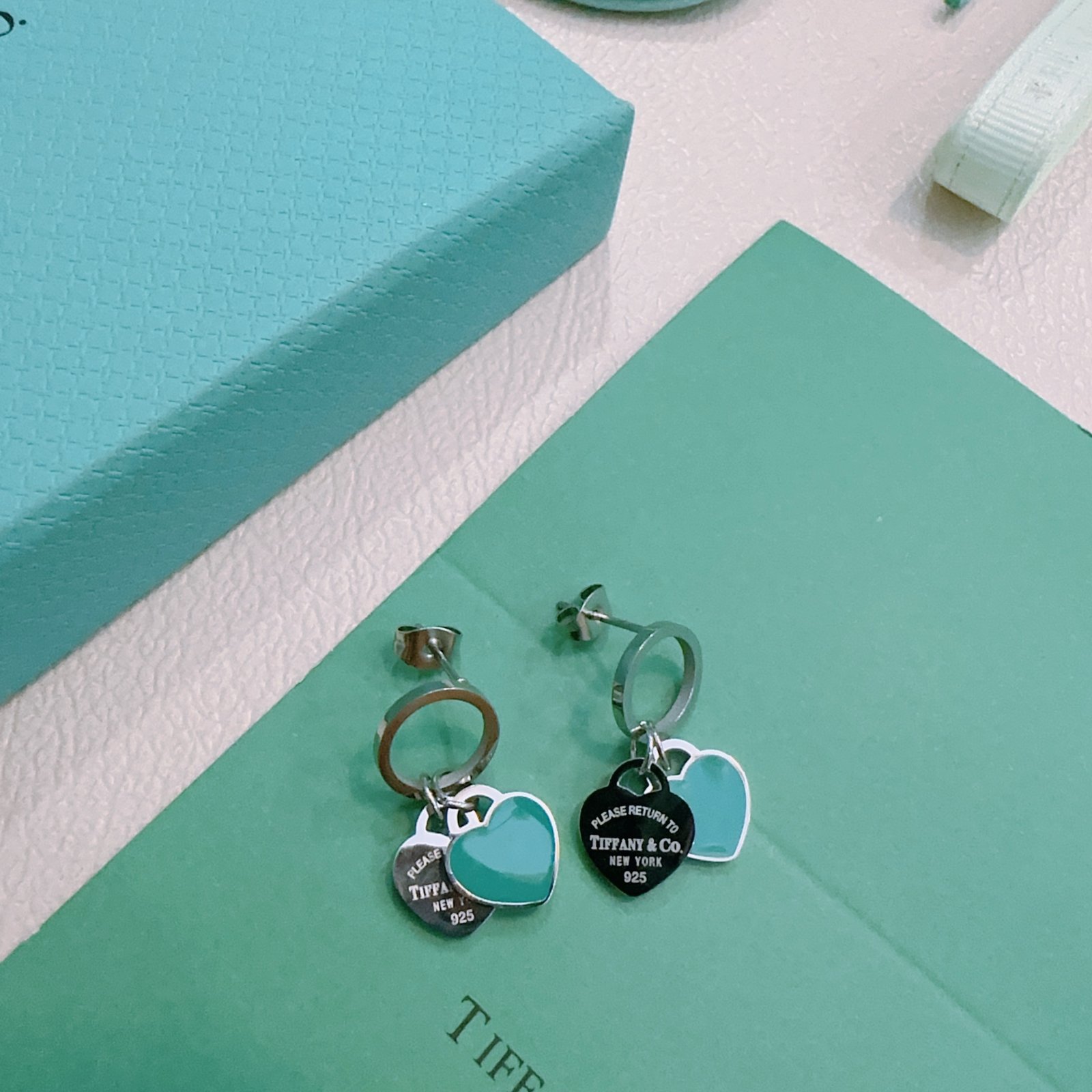 Tiffany復刻版雙心吊墜耳環琺瑯設計經典藍標語純銀復刻甜美配飾