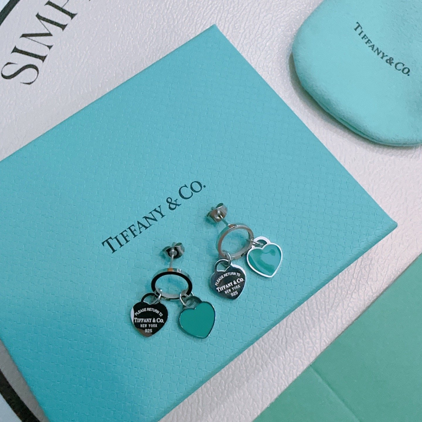 Tiffany復刻版雙心吊墜耳環琺瑯設計經典藍標語純銀復刻甜美配飾