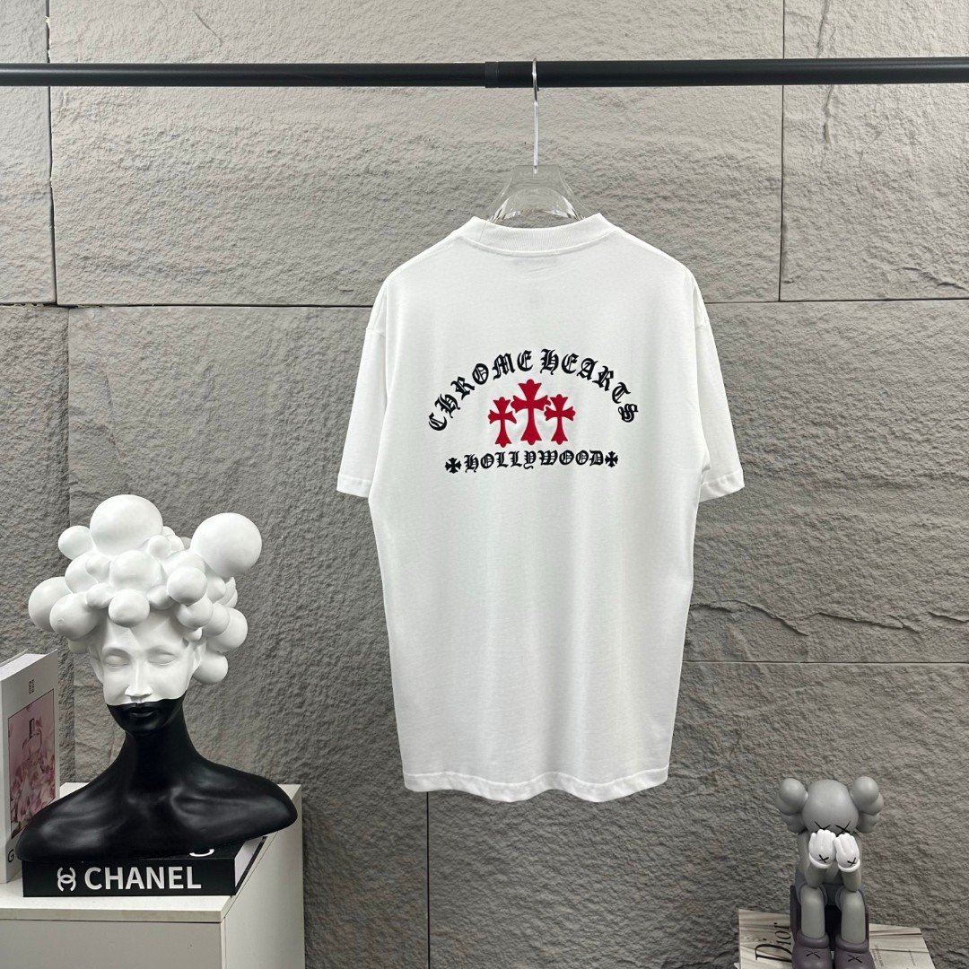 Chrome Hearts 高仿短袖T恤 紅色三十字刺繡白色款寬鬆百搭設計 歐美潮流風格