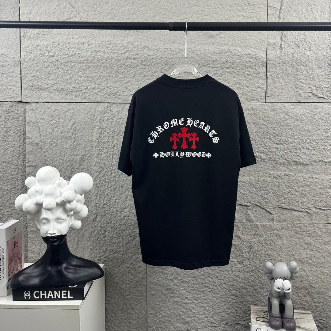 Chrome Hearts 高仿短袖T恤 紅色三十字印花設計寬鬆百搭款 美式街頭潮流風