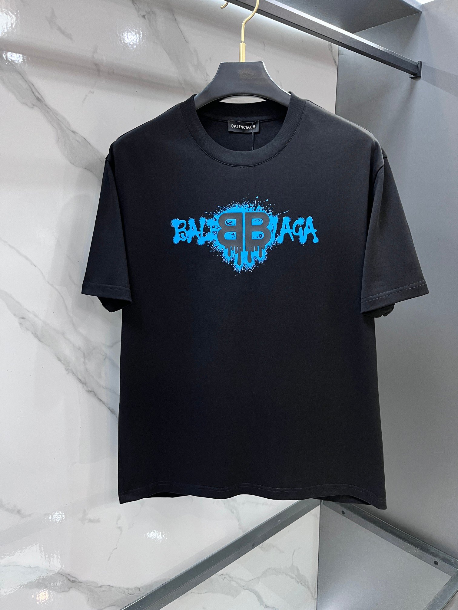 Balenciaga高仿短袖T恤黑色潑墨BB字母印花設計潮流百搭新品街頭風