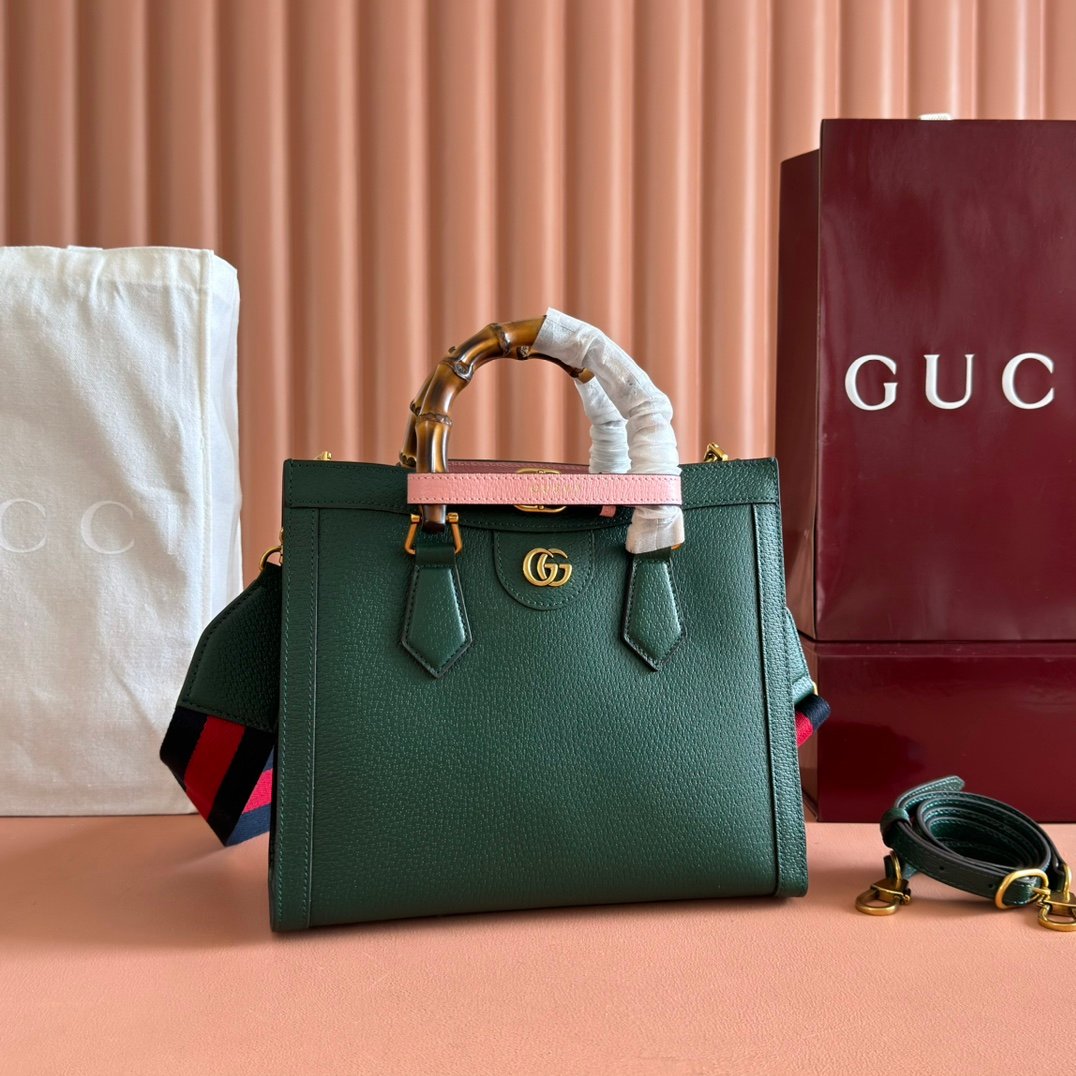 Gucci高仿竹節手提斜背包墨綠拼粉撞色設計雙G標誌優雅高級感精品風格702721