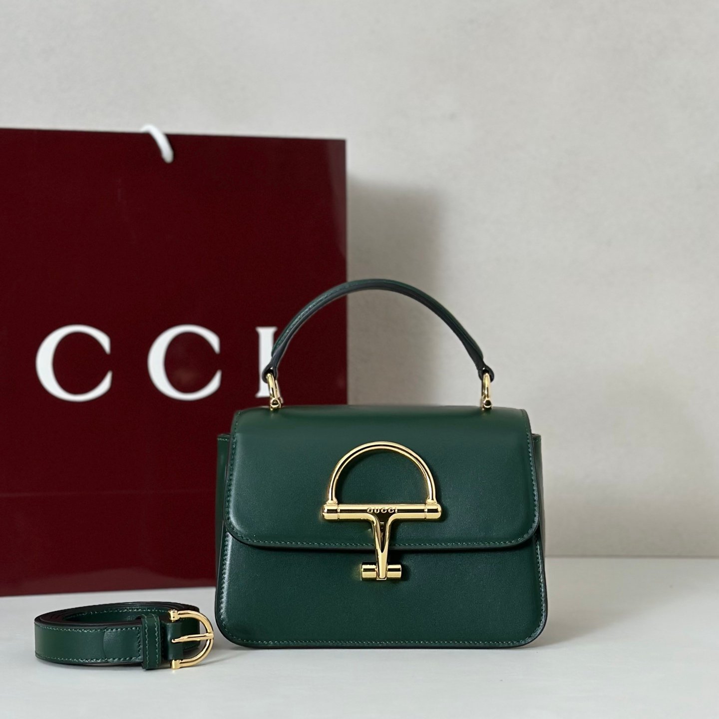 Gucci高仿手提斜背包馬銜扣設計墨綠復古高級感百搭款義大利精品風格855536
