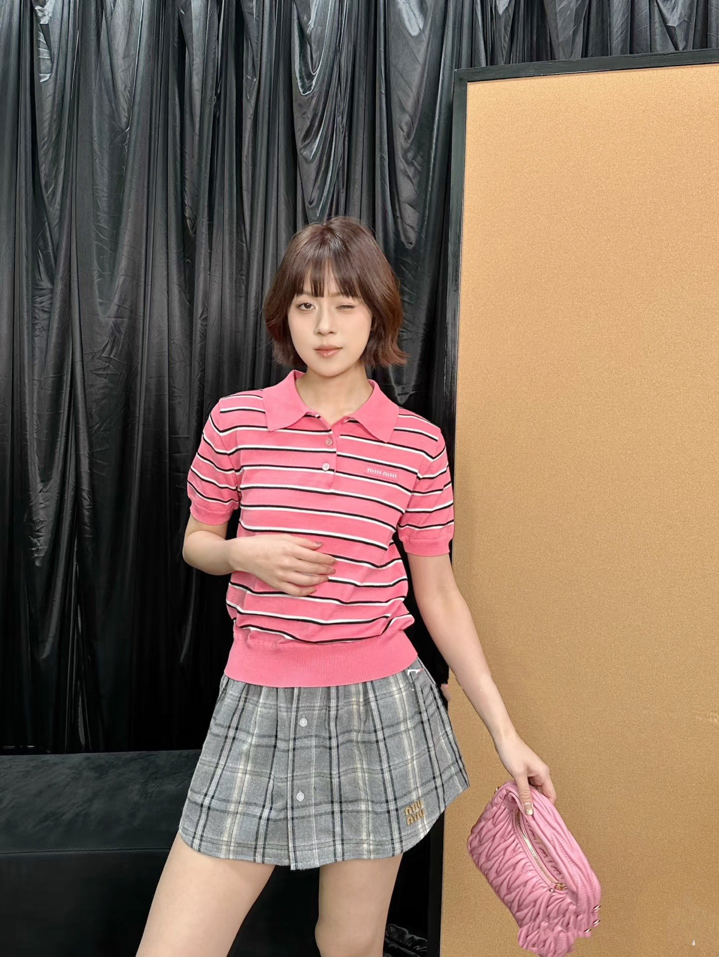 Miu Miu高仿粉色條紋針織Polo短袖上衣一比一復刻學院風少女感毛衣