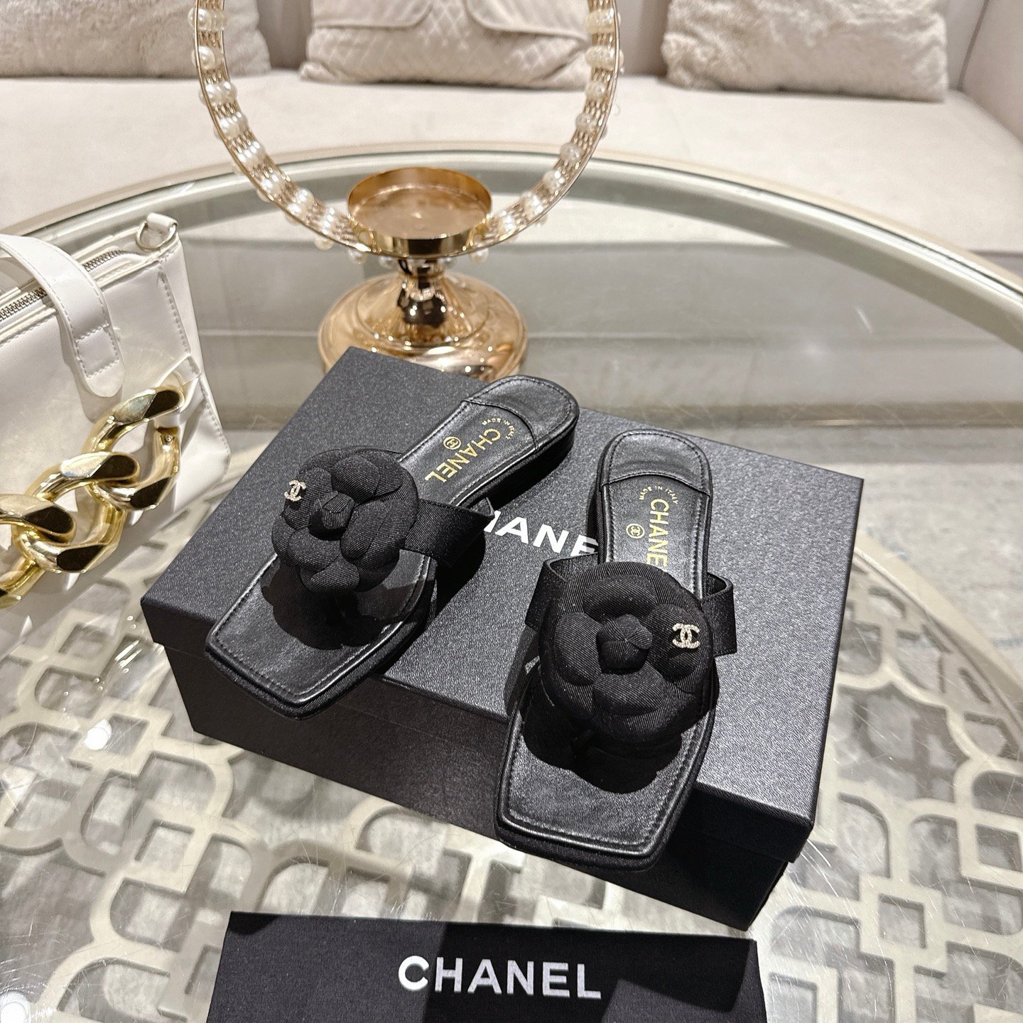Chanel高仿黑色山茶花拖鞋精品方頭低跟涼鞋百搭氣質女鞋