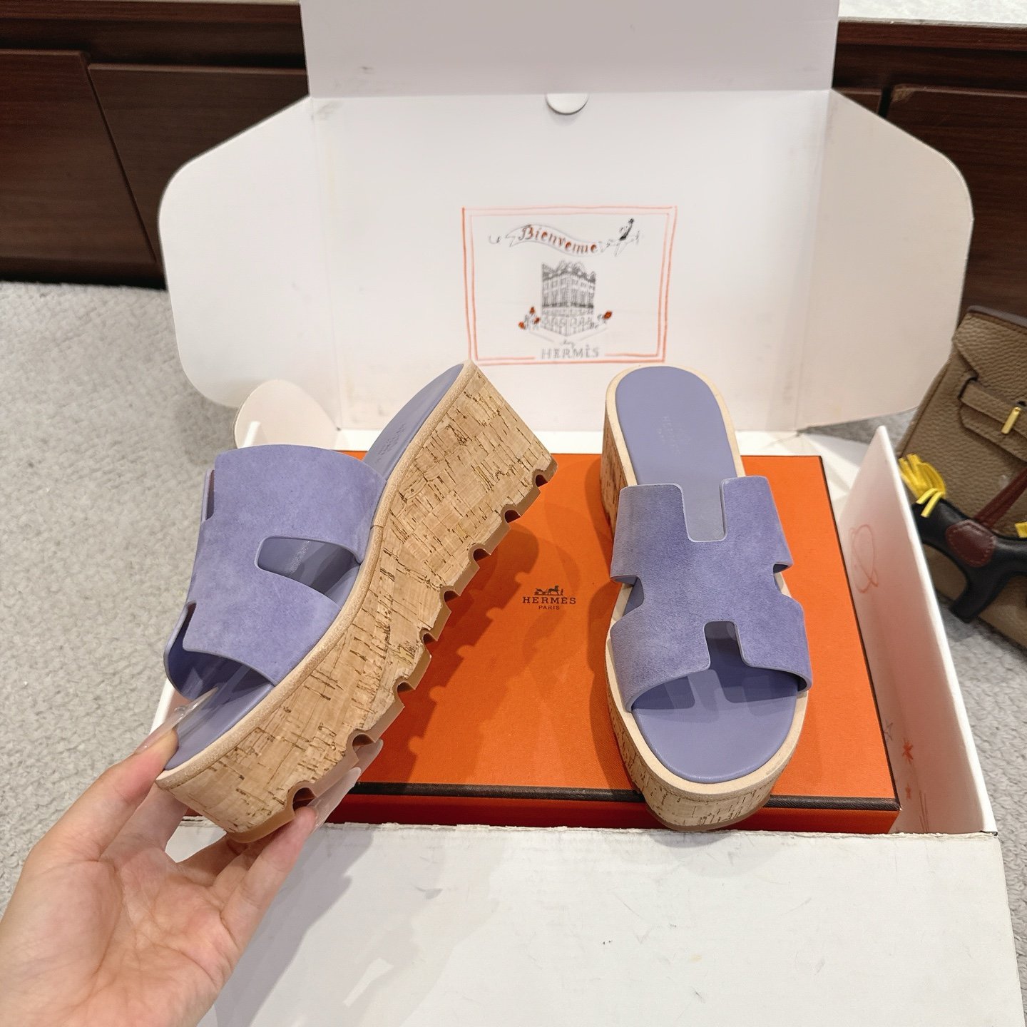 Hermès 精品仿製 H字厚底拖鞋 紫色麂皮清新款 百搭質感 日系簡約