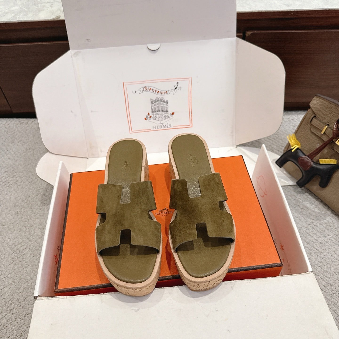 Hermès 超A貨 H字厚底拖鞋 橄欖綠麂皮款 質感百搭 都會輕奢