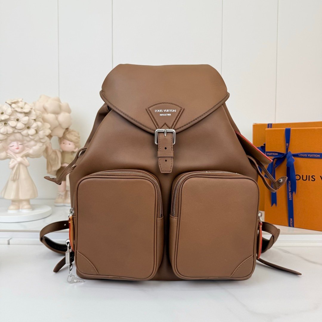Louis Vuitton M28380 一比一Montsouris Cargo 雙肩包 棕色全皮男士後背包 14吋筆電收納款